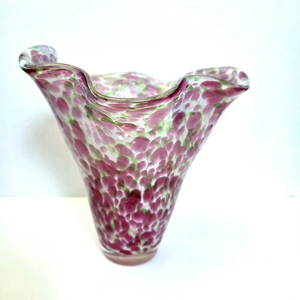 MCM burton + BURTON Artglass Vase Ruffle Edge Pink/Green Confetti Approx 6.5